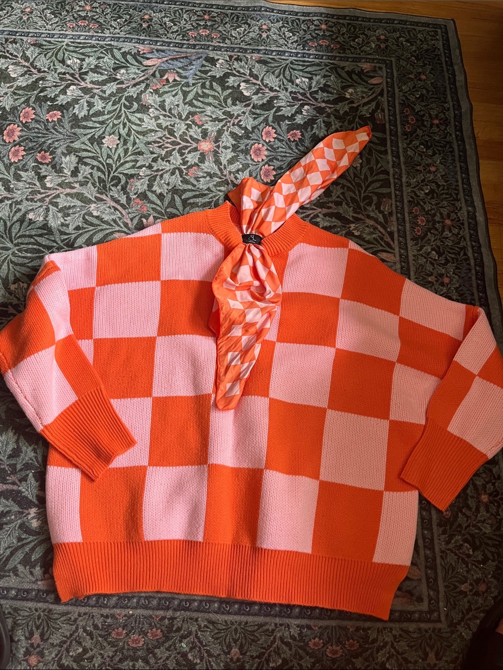 Checkerboard Crewneck Sweater in Orange and Pink